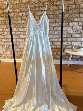 Satin White Spaghetti Strap A-Line Gown